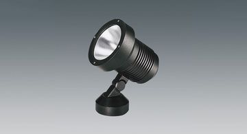 Schwarzer LED-Strahler mit rundem Gehäuse und verstellbarem Standfuß vor grauem Hintergrund.